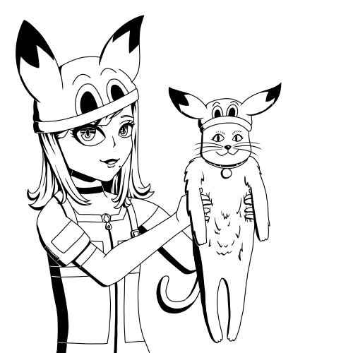 Black and white digital drawing of Swindler and the cat from Akudama Drive