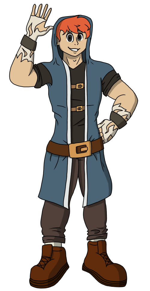 A digitally drawn cartoon character with orange hair and a blue cloak jacket.