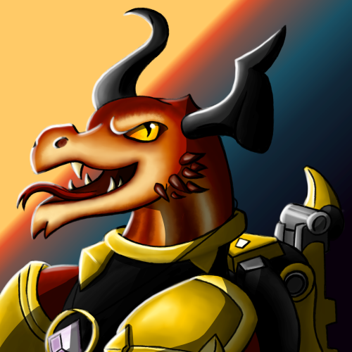 A bronze dragon profile with armor