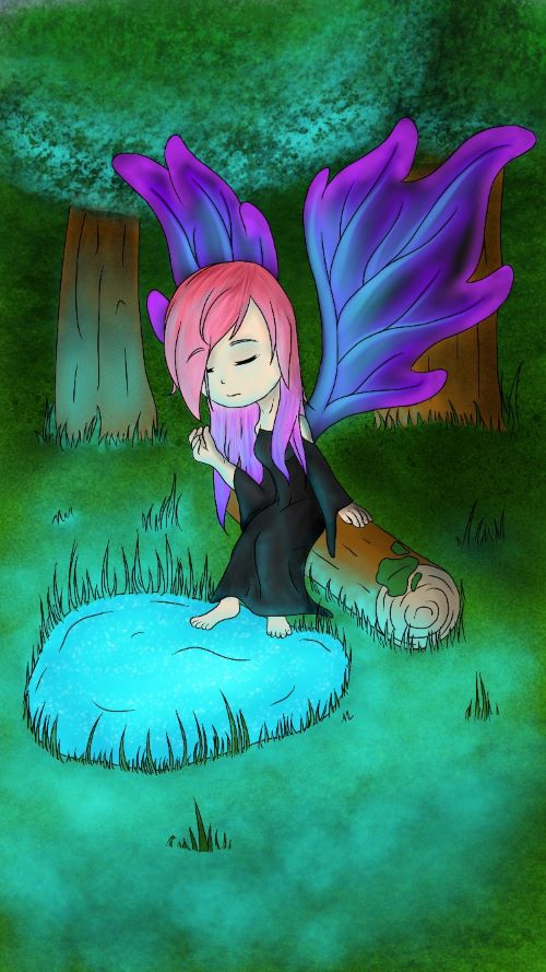 Digital drawing of a fairy sitting at a glowing pond in a forest