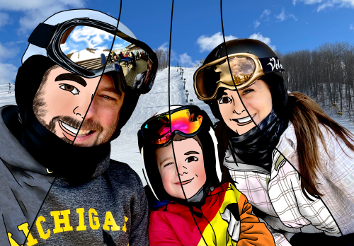 A half digital drawing of a family in front of a ski hill.