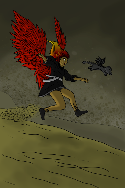 Girl with red wings jumping down sand dune