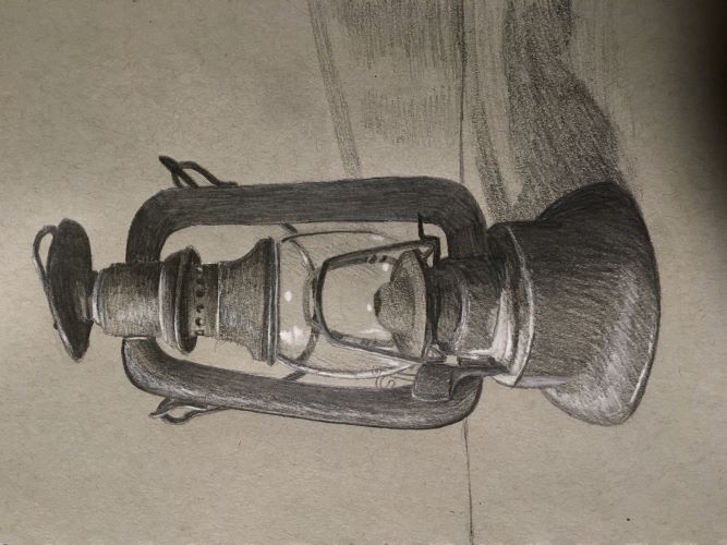 An oil lamp drawn on grey paper with white and black pencils.