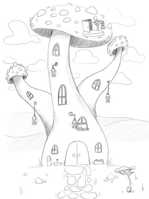 Digital sketch of a tall mushroom house