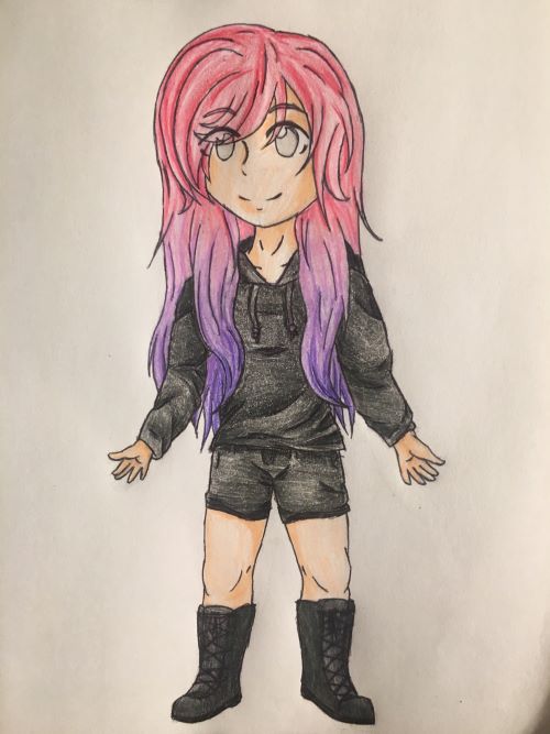 A pencil drawing of a girl with pink hair and black clothes