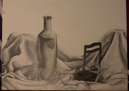 Pencil drawing of a bottle, a music note, and starfish on a blanket