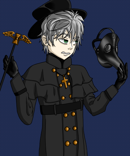 An anime plague doctor holding a hat and staff.