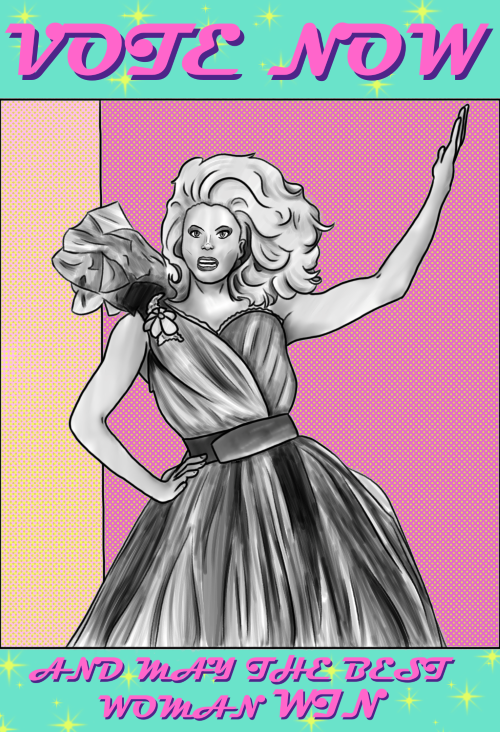A blue and pink vote poster of Ru Paul