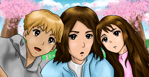 A boy and two girls drawn in anime style.