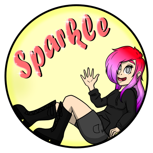 A pink-haired girl with black clothes sitting in a circle.