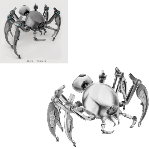 Digital sketch of a robot spider with a reference image