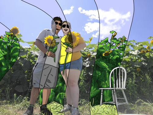 A half digital drawing of two people in front of a sunflower field