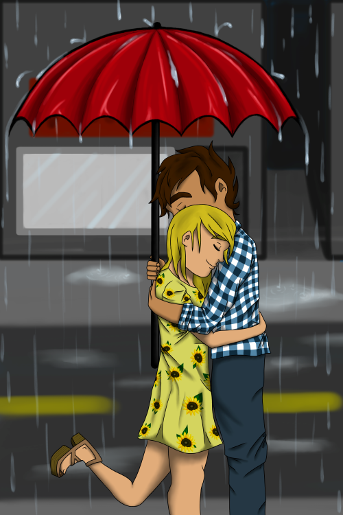 Digital drawing of two people hugging under an umbrella